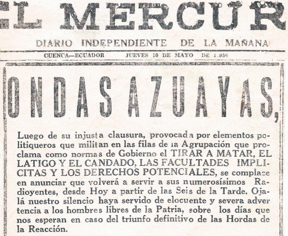 Publicación del 10 de mayo de 1956 en la que Ondas Azuayas anunciaba su retorno al aire tras una clausura del gobierno de Velasco Ibarra.