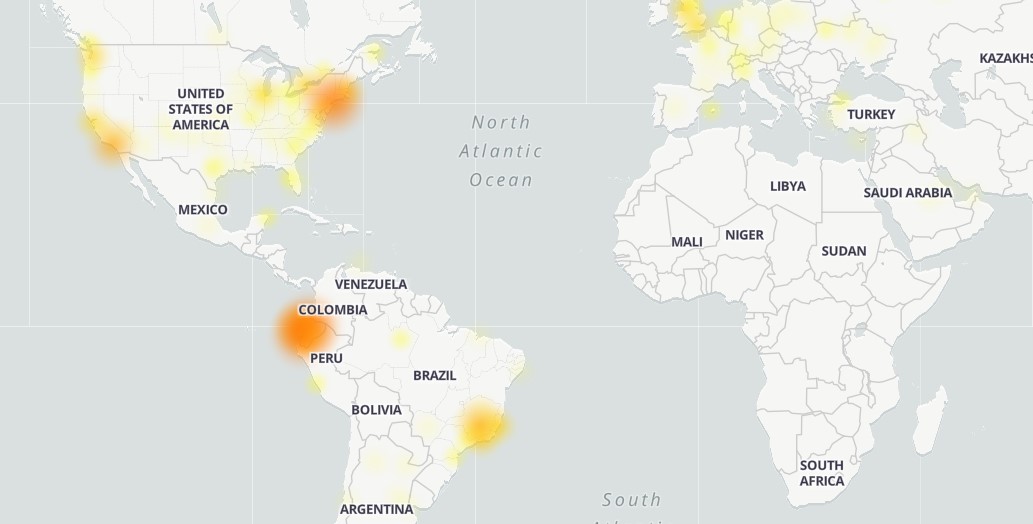 Mapa de reportes de falla en el servicio de Twitter del sitio web Downdetector.com, registrado la tarde del 10 de junio de 2020.