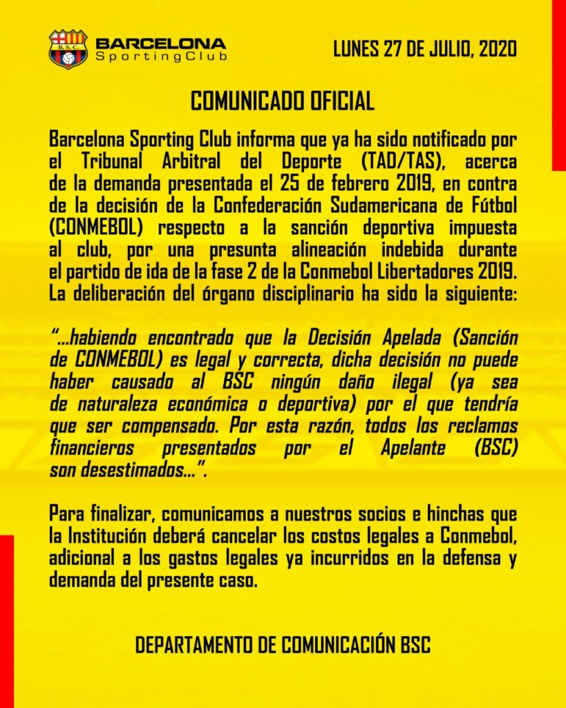 Comunicado de Barcelona, 27 de julio de 2020.