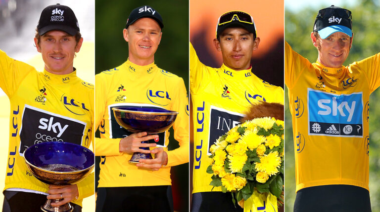 Geraint Thomas, Chris Froome, Egan Bernal y Bradley Wiggins, campeones del Tour de Francia con el Ineos, en distintas ediciones.