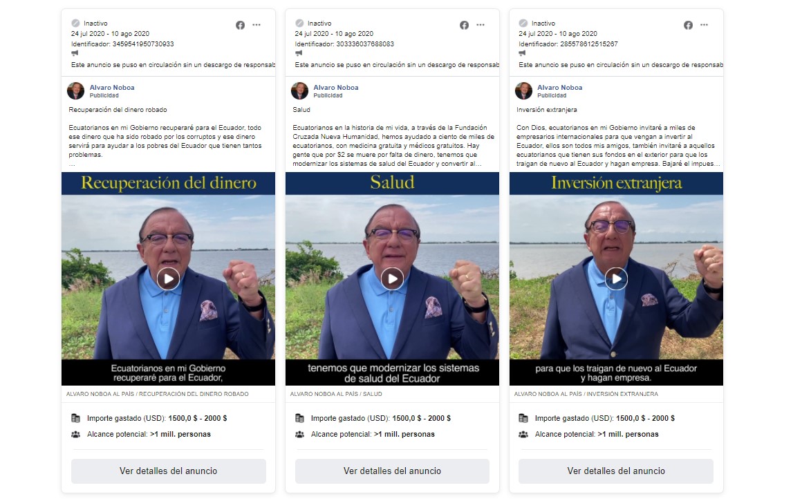 Seis anuncios de Álvaro Noboa en Facebook, entre julio y agosto de 2020, costaron más de USD 1.500.