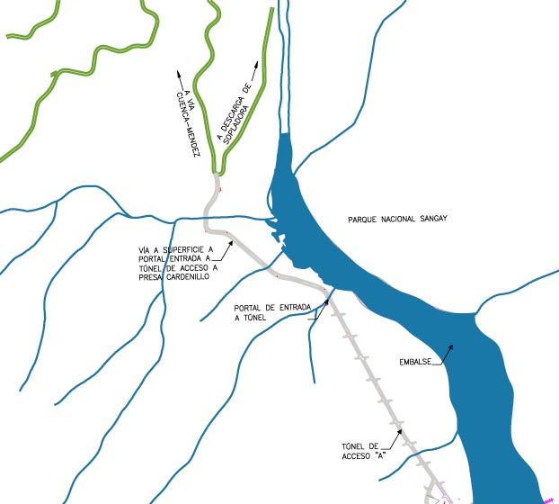 Cardenillo estaría ubicada en el río Paute, a 2.183 metros aguas abajo del desagüe de la descarga de la Central Sopladora.