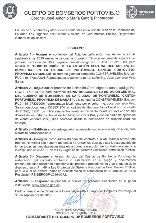 Captura de pantalla del contrato entre Construvelesa y el Cuerpo de Bomberos de Portoviejo.