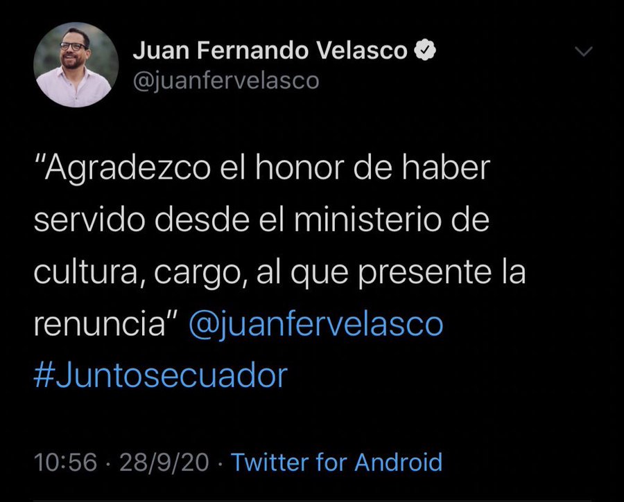 Tuit en el que Velasco anunciaba su renuncia al cargo de Ministro de Cultura y que luego fue borrado.