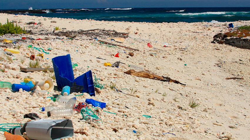 Desechos plásticos en la costa de las islas Galápagos. La luz del sol, el viento y las olas rompen estos grandes desechos plásticos en trozos cada vez más pequeños hasta que se convierten en microplásticos. 