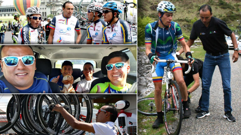 Santiago Rosero compartiendo con varios ciclistas a lo largo de su carrera como entrenador de ciclismo.