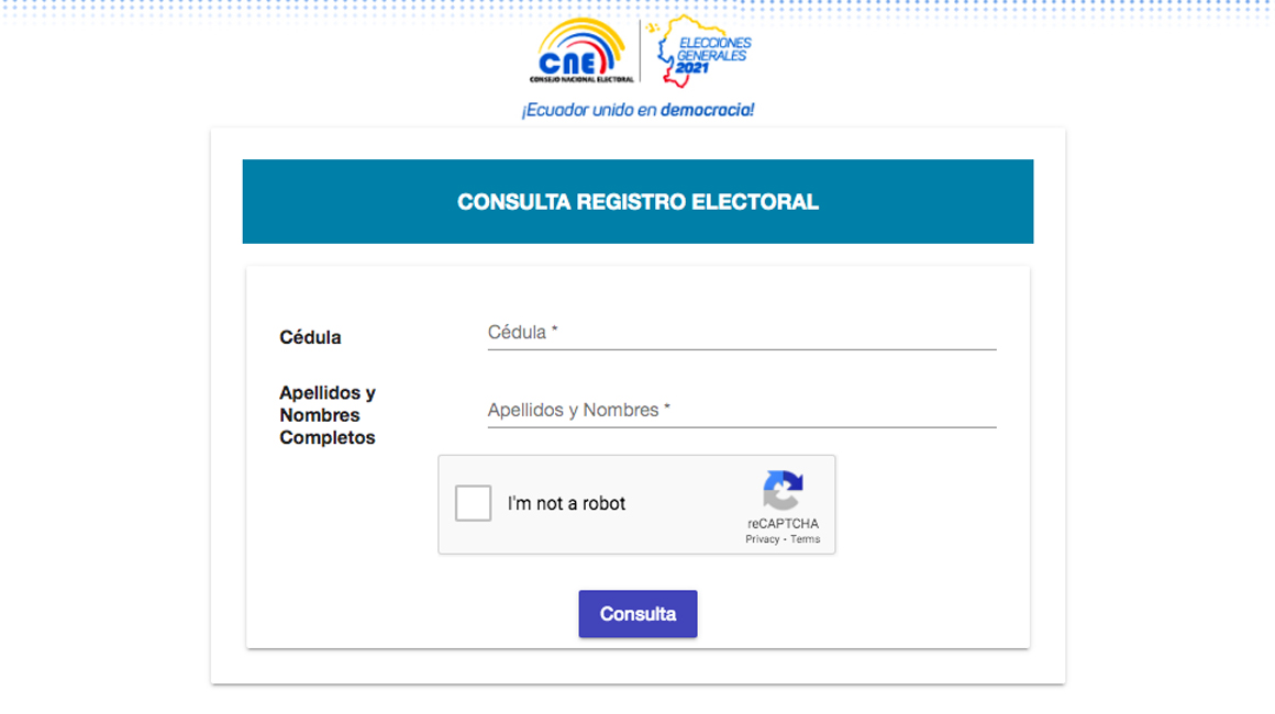 La página de búsqueda de lugar de votación del CNE.