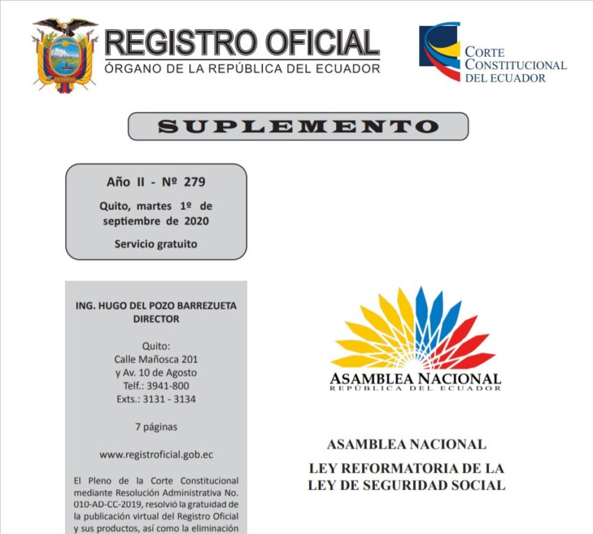 El 1 de septiembre fue inscrita en el Registro Oficial la reforma a la Ley de Seguridad Social.