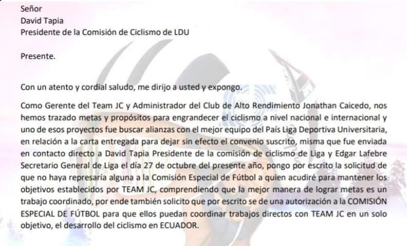 Carta enviada por Carlos Narváez (Team JC) a David Tapia (presidente comisión especial LDU).