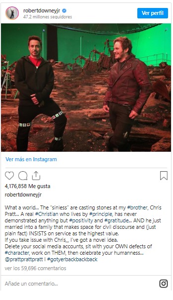 Publicación de Robert Downey Jr. en Instagram, de apoyo a Chris Pratt.