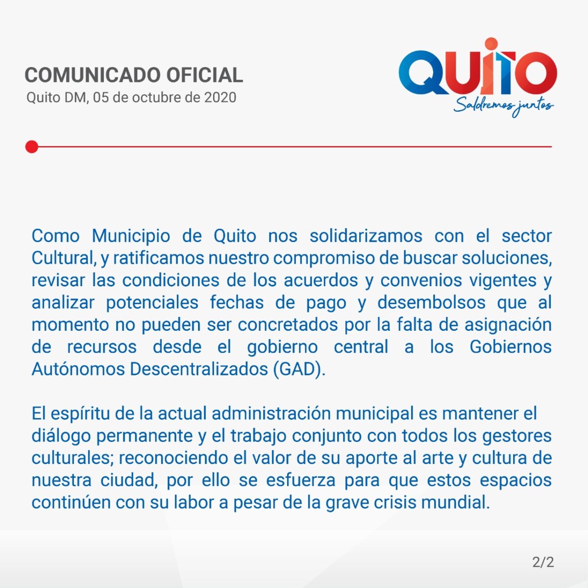 Comunicado del Municipio de Quito ante falta de recursos de la Fundación Teatro Nacional Sucre.