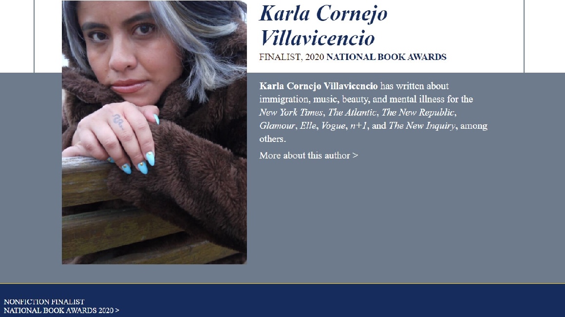 Karla Cornejo Villavicencio en la página oficial del National Book Award.