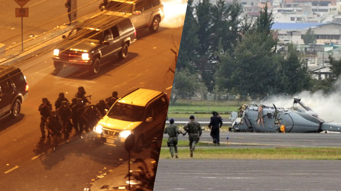 Imágenes del momento de la salida del expresidente Correa en el 30-S y de uno de los accidentes de los helicópteros Dhruv.