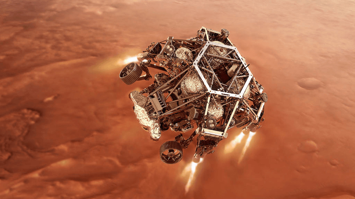 Una ilustración del rover Perseverance de la NASA amartizando de forma segura en Marte.