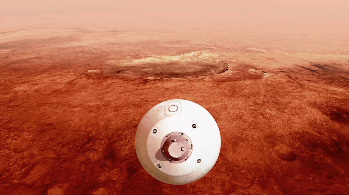 El aeroshell que contiene el rover Perseverance de la NASA se guía hacia la superficie marciana a medida que desciende a través de la atmósfera en esta ilustración.