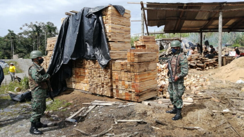 Miembros de las Fuerzas Armadas decomisaron madera en dos aserraderos clandestinos en la provincia de Pastaza, el 25 de junio de 2020.