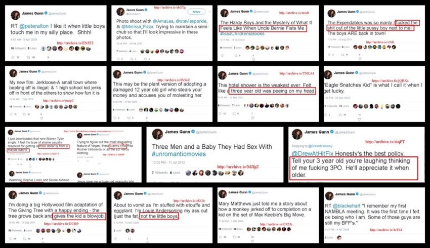 Algunos de los tuits ofensivos que Gunn publicara y que lo llevaran a ser despedido por Marvel en 2018.