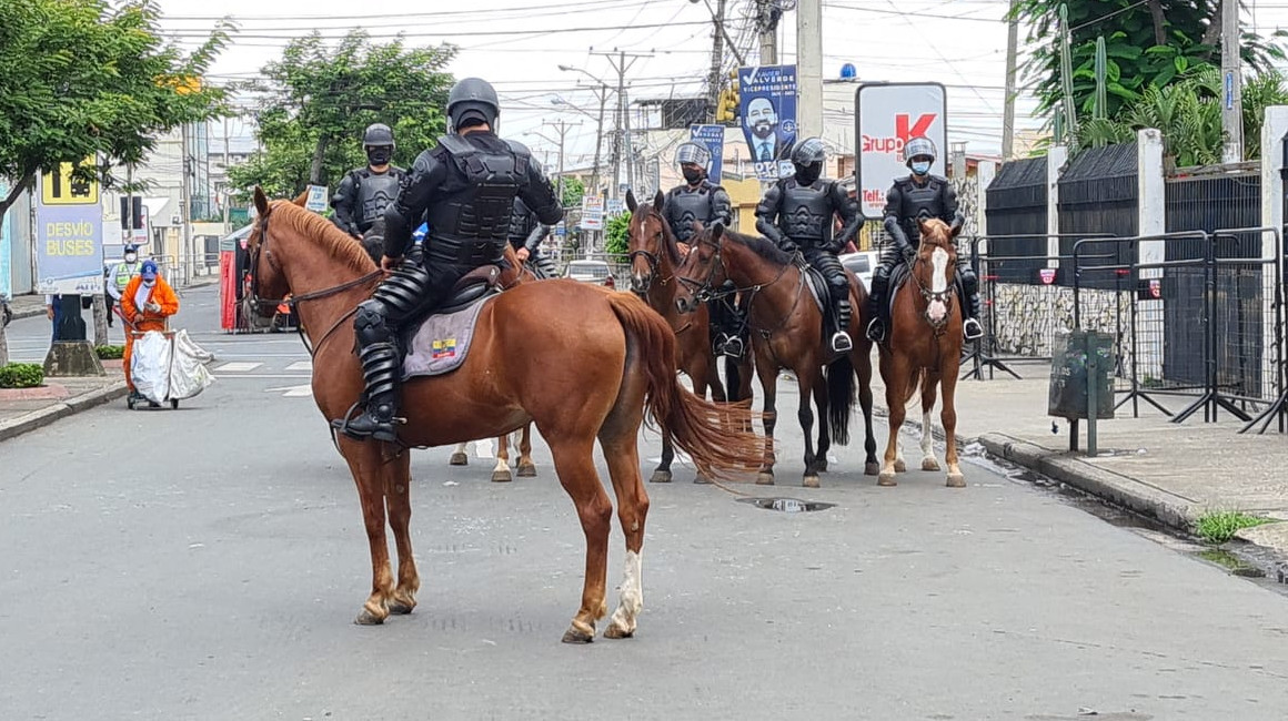 Un contingente policial vigiló a caballo las inmediaciones de la delegación del CNE del Guayas, el 10 de febrero de 2021.