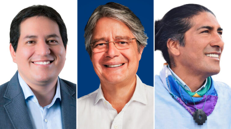 Los candidatos Andrés Arauz, de Unión por la Esperanza; Guillermo Lasso, de la alianza Creo - PSC y Yaku Perez, de Pachakutik.