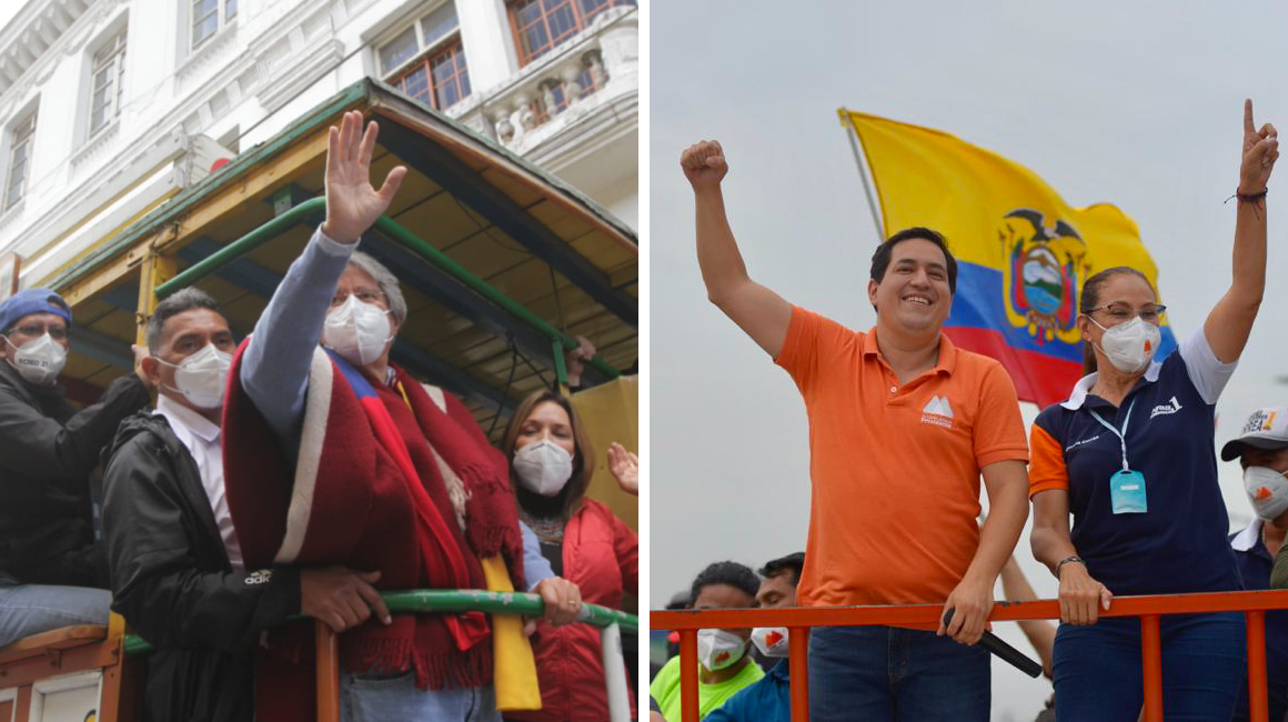 Guillermo Lasso, candidato de Creo, y Andrés Arauz, del correísmo, en el cierre de sus campañas.