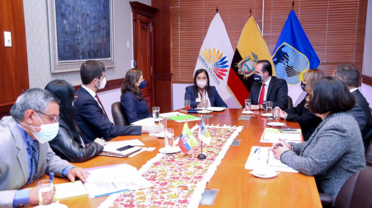 La presidenta de la Asamblea, Guadalupe Llori, durante su reunión con el presidente del BID, Mauricio Claver-Carone, la mañana del 27 de mayo de 2021.