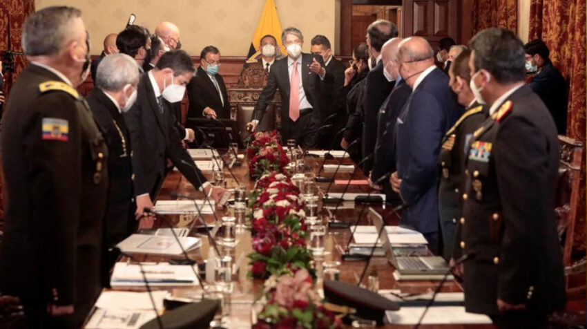 Primera reunión del Consejo de Seguridad Pública y del Estado, dirigida por el presidente Guillermo Lasso, el 24 de mayo de 2021.
