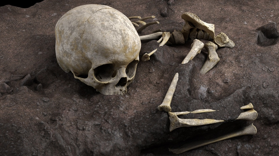 Reconstrucción virtual ideal de la posición de Mtoto en la cavidad del enterramiento humano más antiguo de África, el de un niño de tres años que fue enterrado en una cueva de Kenia hace 78.000 años. 