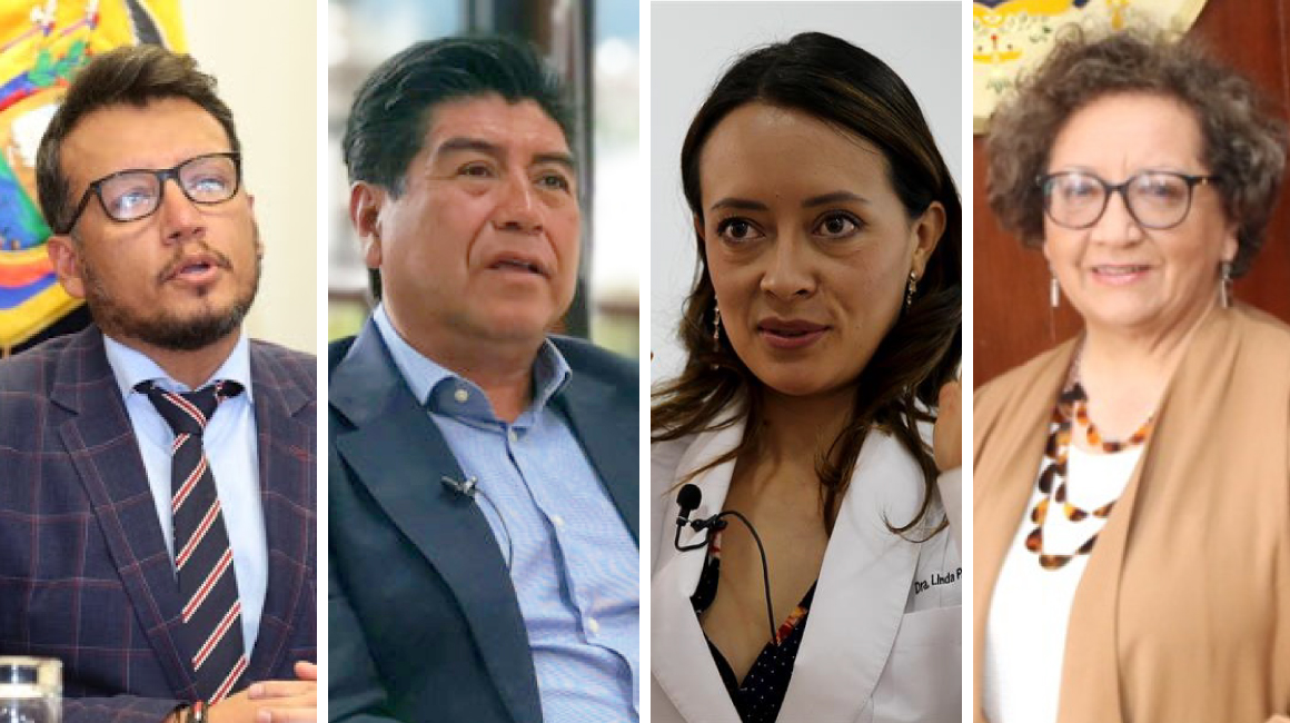 De izq. a der. Lenín Mantilla, Jorge Yunda, Linda Guaman y Ximena Abarca, acusados de peculado en el caso Pruebas PCR.