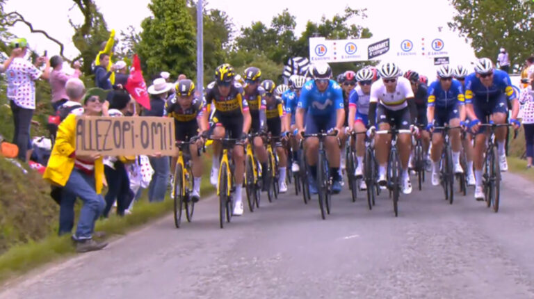 El momento preciso en el que la aficionada muestra su cartel a la cámara y provoca la caída de Tony Martin y el resto del pelotón, el sábado 26 de junio de 2021, en la Etapa 1 del Tour de Francia.