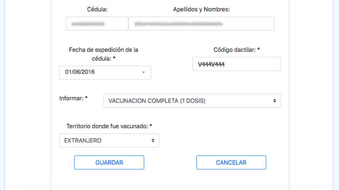 Formulario de actualización de datos sobre vacunación.