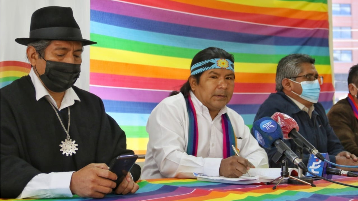 La dirigencia de Pachakutik en una rueda de prensa, el 22 de junio de 2021, en Quito.