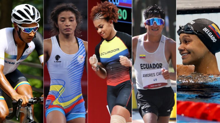 Jonathan Narváez, Lucía Yépez, Angie Palacios, Jonathan Amores y Anicka Delgado, cinco deportistas menores de 24 años que Ecuador debe pulir para los Juegos Olímpicos de París 2024.