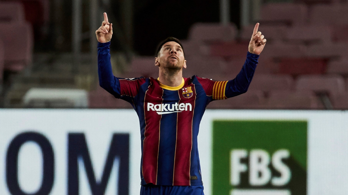 Lionel Messi celebra su gol contra el Athetic de Bilbao, en el partido de la Fecha 21 de la Liga española, el 31 de enero de 2021.