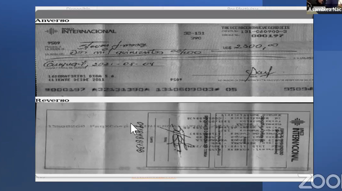 Copia del cheque, incluida en la denuncia de Victoria Desintonio (UNES) contra Bella Jiménez.