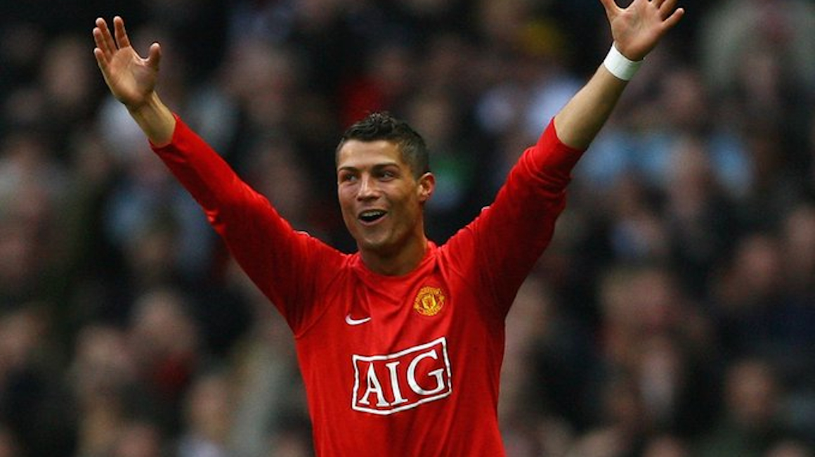 Cristiano Ronaldo jugando para el Manchester United en la temporada 2007-08.