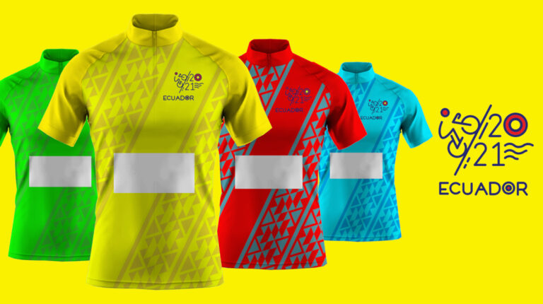Camisetas que vestirán los líderes de la edición 36 de la Vuelta al Ecuador, con la nueva imagen de la carrera, creada por la Agencia Alto Rendimiento.