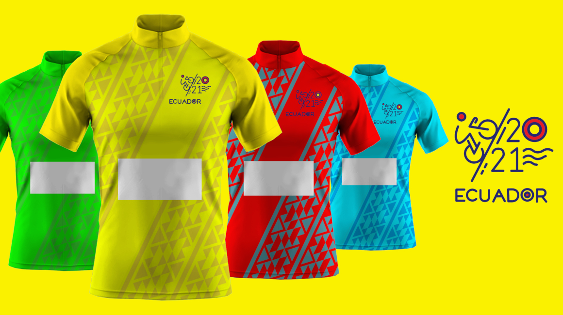 Camisetas que vestirán los líderes de la edición 36 de la Vuelta al Ecuador, con la nueva imagen de la carrera, creada por la Agencia Alto Rendimiento.