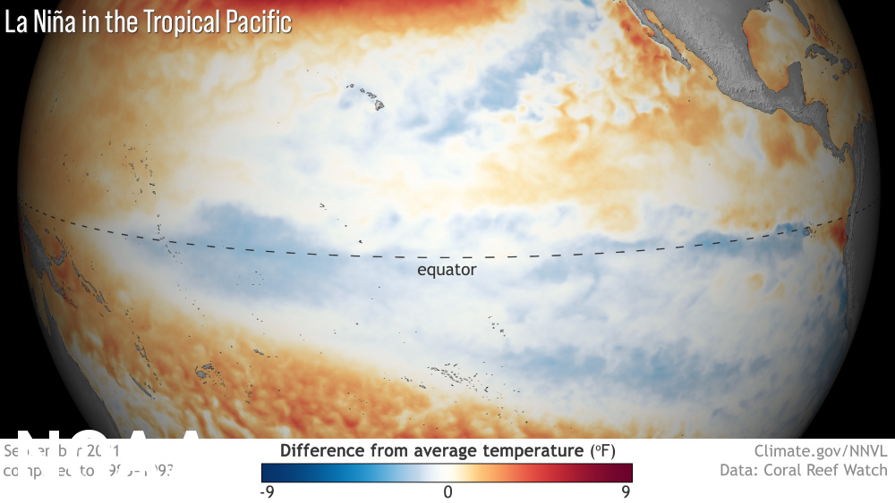 Las temperaturas de la superficie del mar más frías que el promedio a lo largo del ecuador es indicativo de La Niña en el Océano Pacífico tropical en septiembre de 2021.