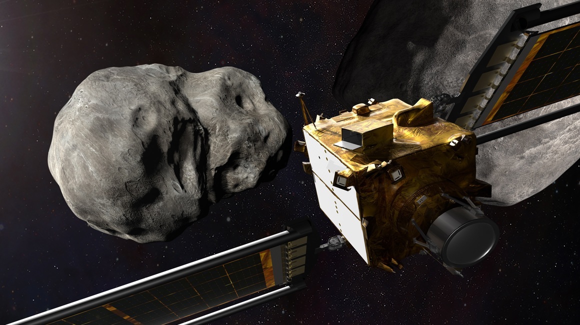 Ilustración de la nave espacial de Prueba de Redirección de Asteroides Doble (DART) de la NASA acercándose a los asteroides Dimorphos y Didymos.