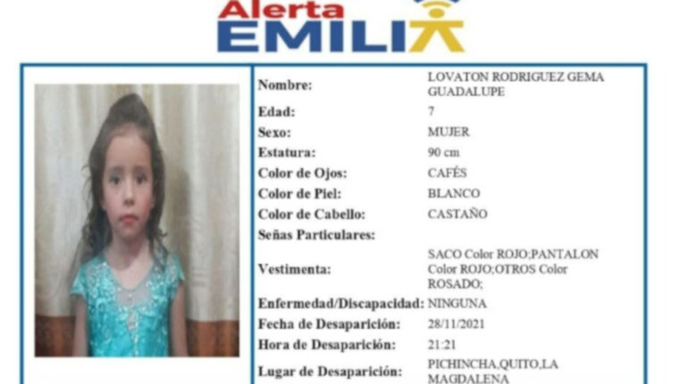 La Policía activa la Alerta Emilia por niña desaparecida en Quito
