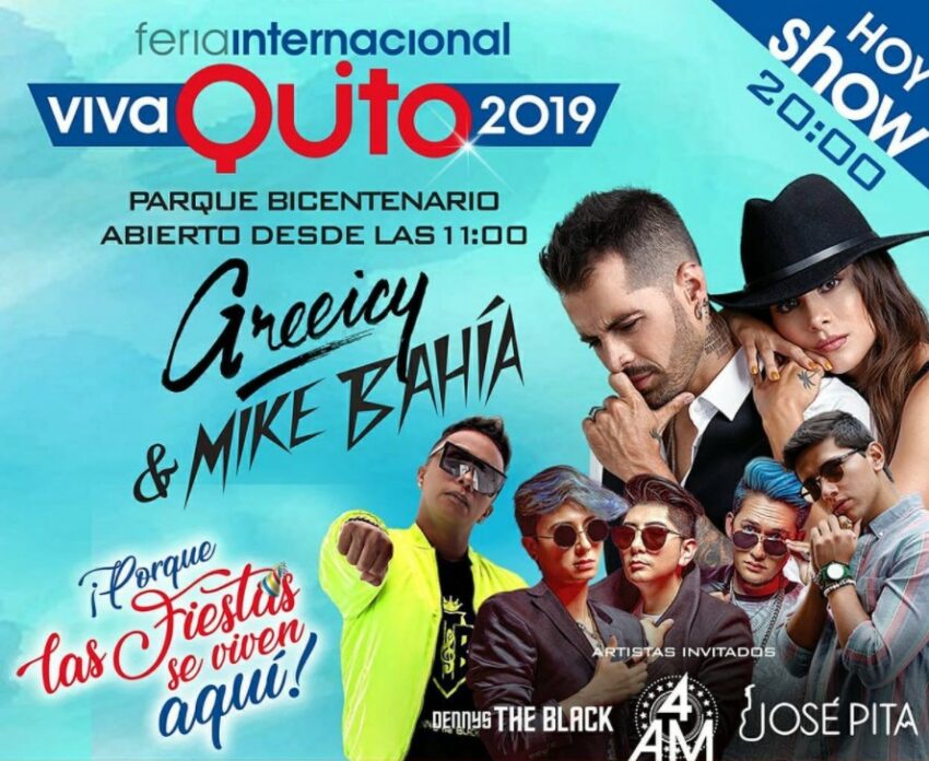 Afiche publicitario del cartel de artistas de la Feria Internacional Viva Quito 2019, que incluía a la banda 4AM de Sebastián Yunda.