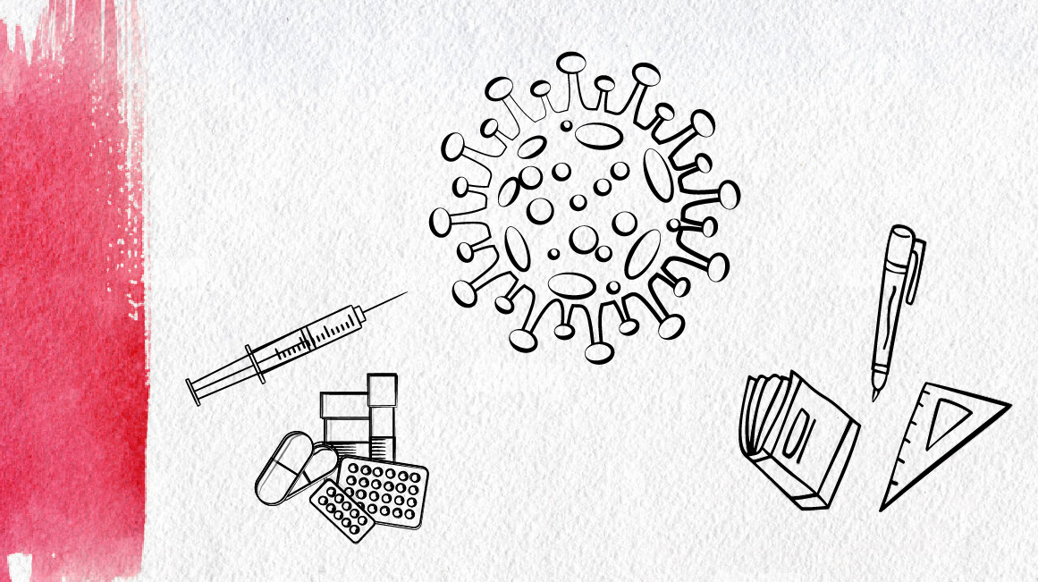Ilustración de medicamentos, vacunas contra el Covid-19 y educación.