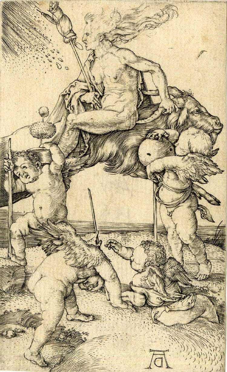 Bruja montando una cabra al revés, Alberto Durero (año 1500).