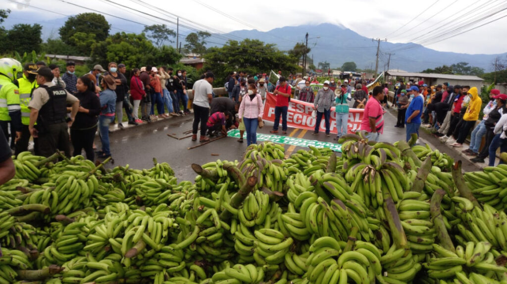 Productores cierran con racimos de banano la vía Guayaquil-Naranjal