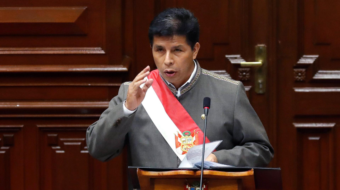 El mandatario peruano Pedro Castillo, durante su intervención en el juicio político que el planteó el Congreso, el 28 de marzo de 2022.