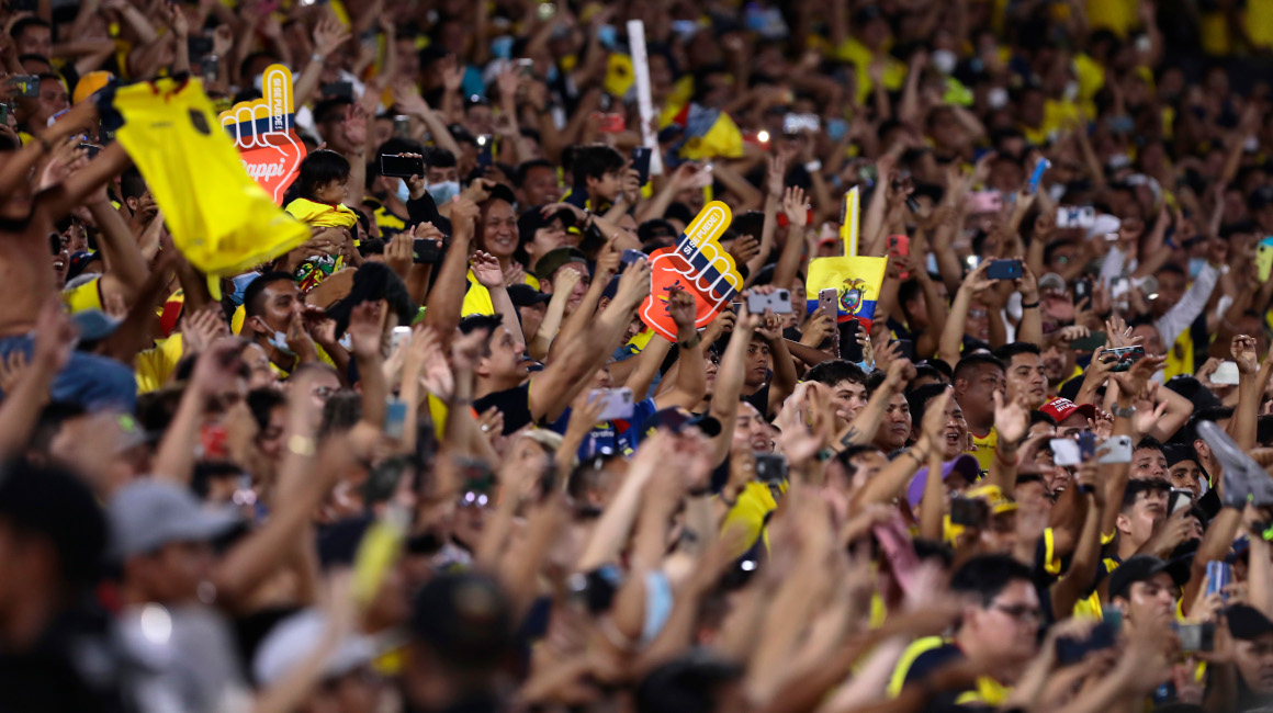 Aficionados ecuatorianos celebran al finalizar el partido entre Ecuador y Argentina por las Eliminatorias.