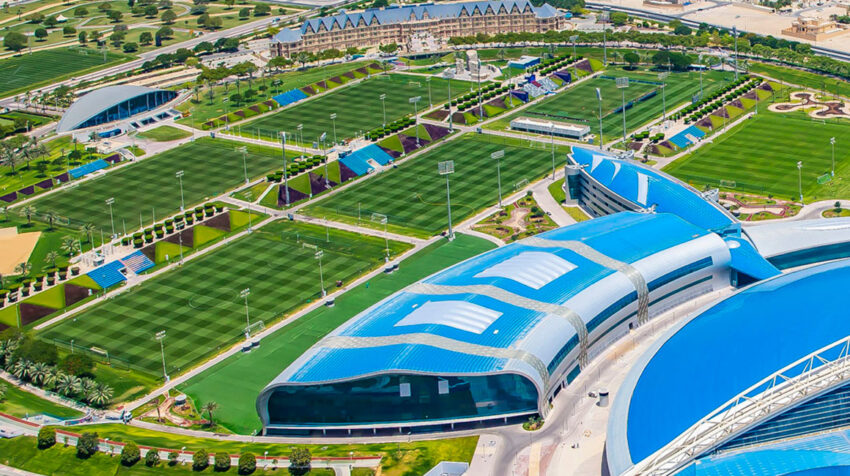 Vista aérea de las instalaciones de la Academia Aspire, con sede en Doha, Catar.