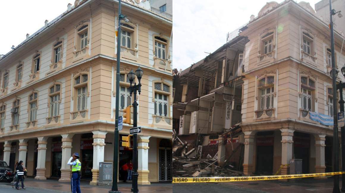 Antes y después de la casa Alejandro Tola Pareja, cuya fachada se desplomó el 12 de abril de 2022.