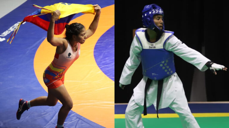 La luchadora Leonela Gruezo y el taekwondista Byron Mery, en los Juegos Suramericanos de Rosario, el 30 de abril de 2022.