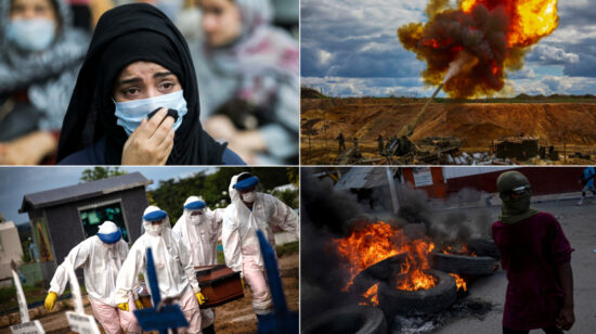 Collage fotos guerra, pandemia, caos social